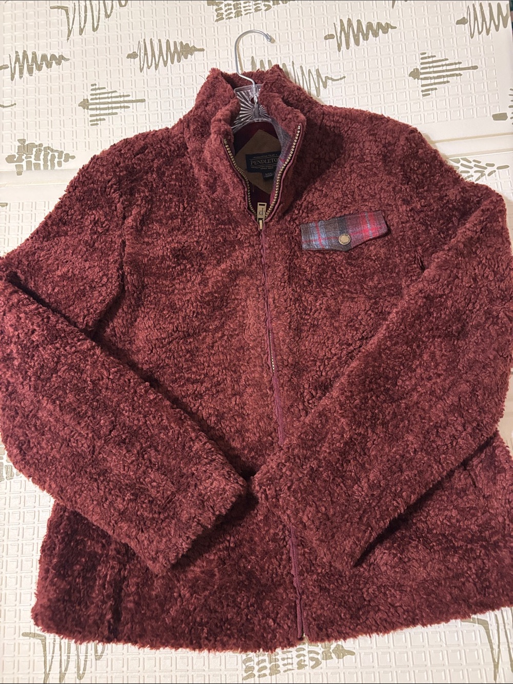 Pendleton Plush Zip-Up Teddy Jacket in Deep Burgundy with Plaid Accent